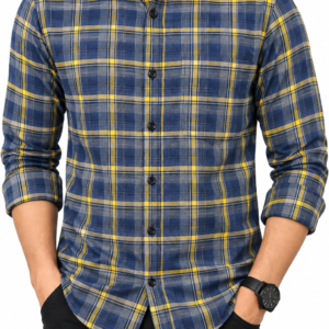 Men’s Navy Blue & Yellow Check Full Sleeve Casual Shirt – XL SIZE