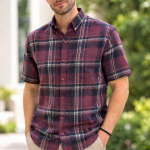 Men’s Maroon & Navy Blue Check Half Sleeve Casual Shirt – XL  SIZE