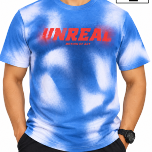 Men’s Blue & White Tie-Dye “UNREAL” Graphic Print Round Neck T-Shirt – L